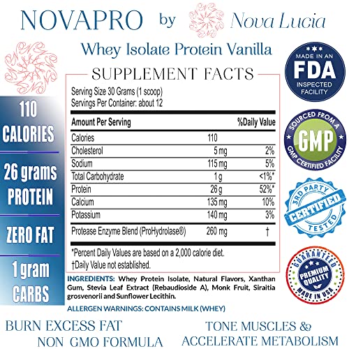 Nova Lucia Vanilla Whey Isolate Protein Powder with Prohydrolase, Keto, Gluten & Lactose Free