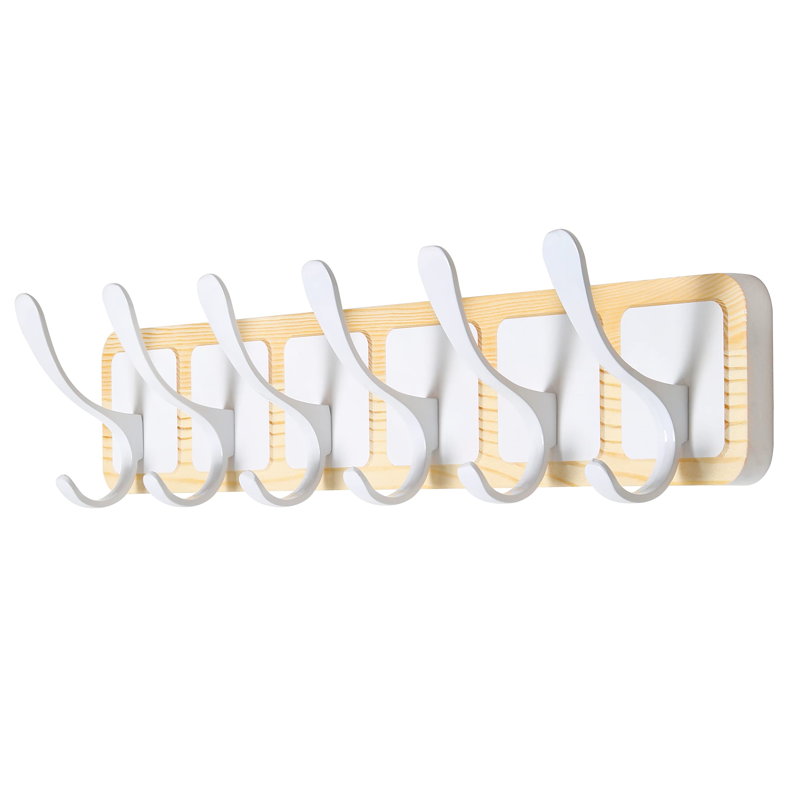 SKOLOO Coat Rack Wall Mount - Scandi-Style Wooden Carved-Block Coat Hook, Wall Coat Hanger with 6 Hooks for Hanging Coats, Hats, Clothing, Scarfs, Natural & White — image 1