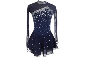 HAWFHH Figure Skating Skirt for Kids Girls, Long Sleeve Rhinestones Ice Figure Skating Dress, Warm Skate Competition Custumes