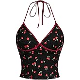 RoseSeek Women's Cherry Print Halter Camisole Tops Backless Slim Fit Crop Tops Coquette Streetwear Going Out Cami Tops