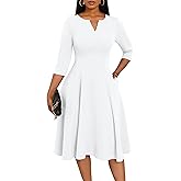 Nmoder Midi Dresses for Women A-Line Fit and Flare Dress 3/4 Sleeve V Neck Cocktail Wedding Guest Work Dress with Pockets