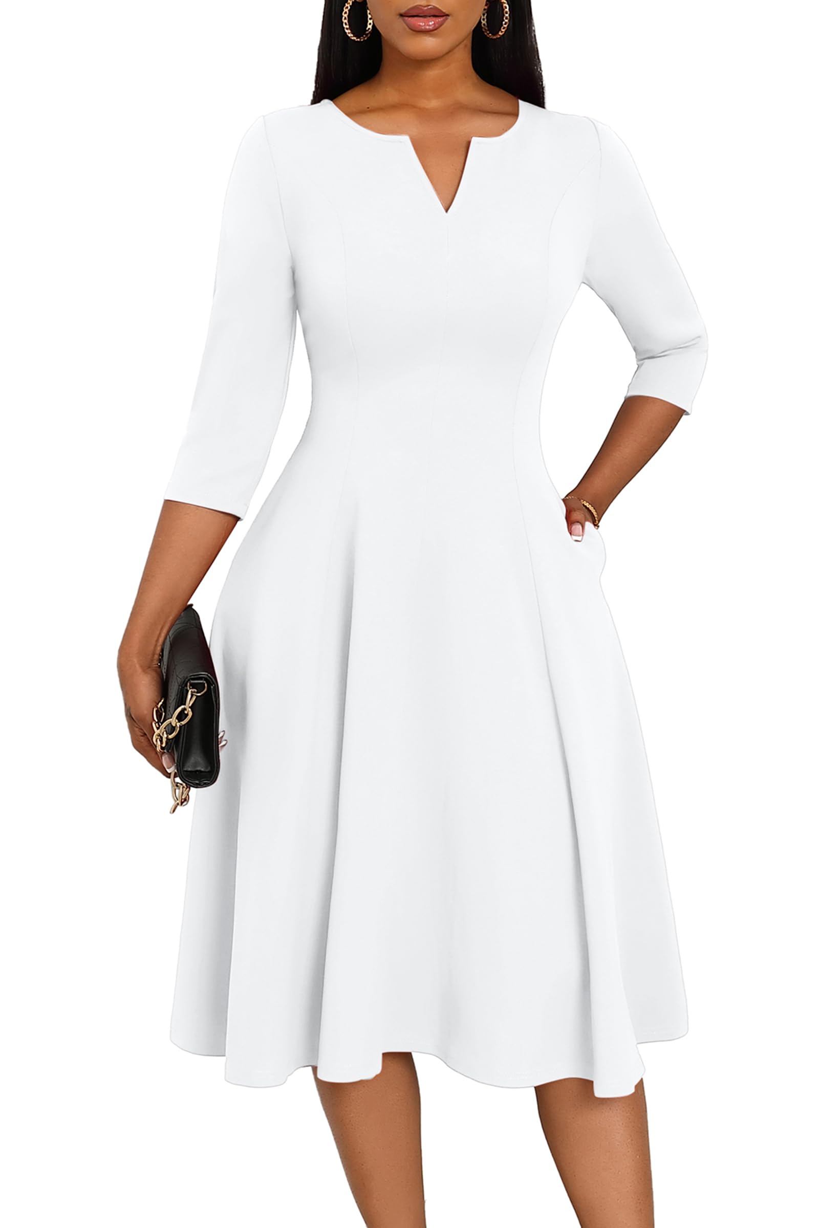 Nmoder Women's 3/4 Sleeve Midi Dress - V-Neck A-Line Swing Dress With Pockets, Casual & Church Wear