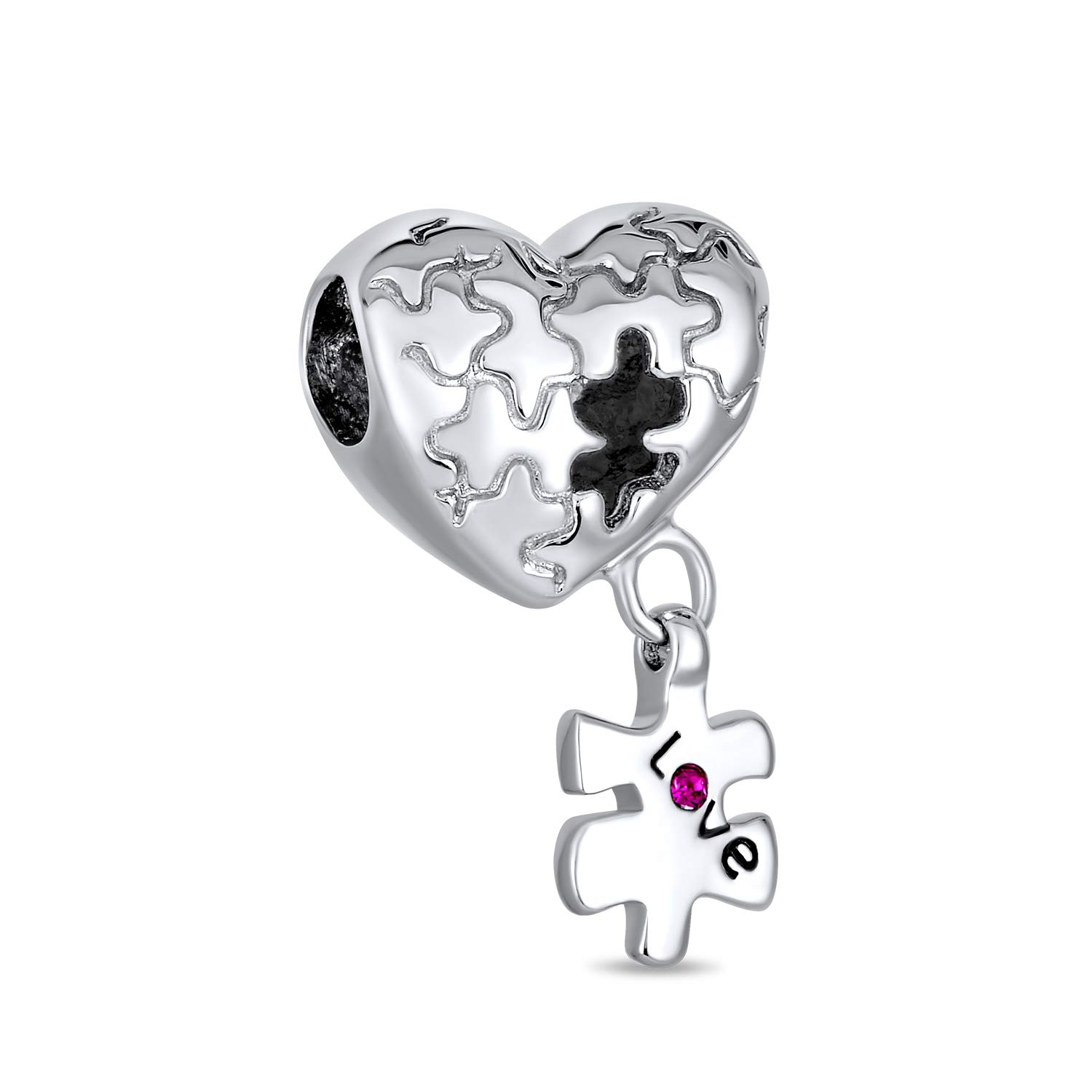 Bling Jewelry Heart Love Autism Awareness Puzzle Piece Charm Bead For Women Teen .925 Sterling Silver Fits European Bracelet