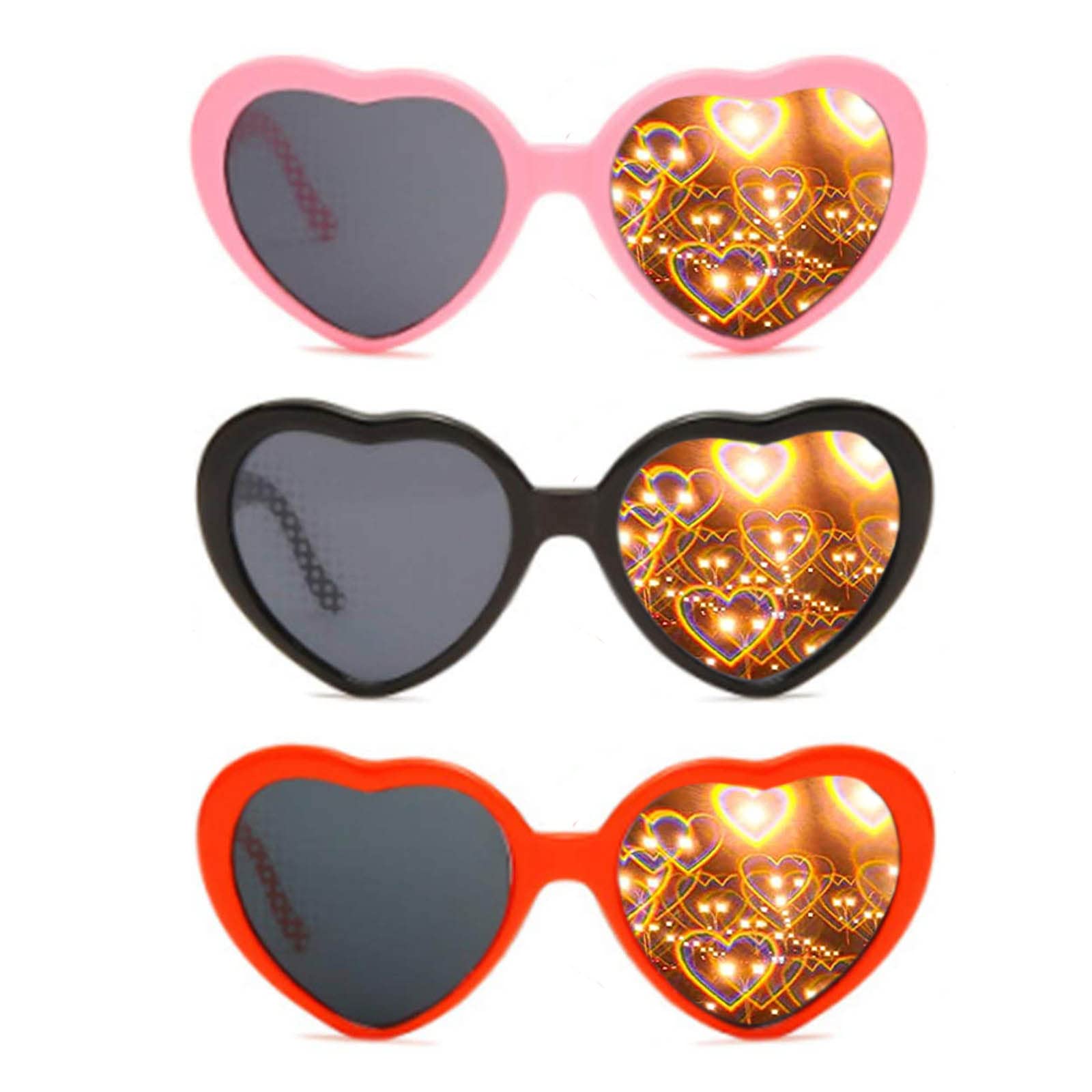 Bymivofun 3 Pcs Peach Heart Special Effects Glasses, Heart Diffraction Glasses, Heart Sunglasses, for Fancy Dress Music Festival Outdoor Party Bar Fireworks