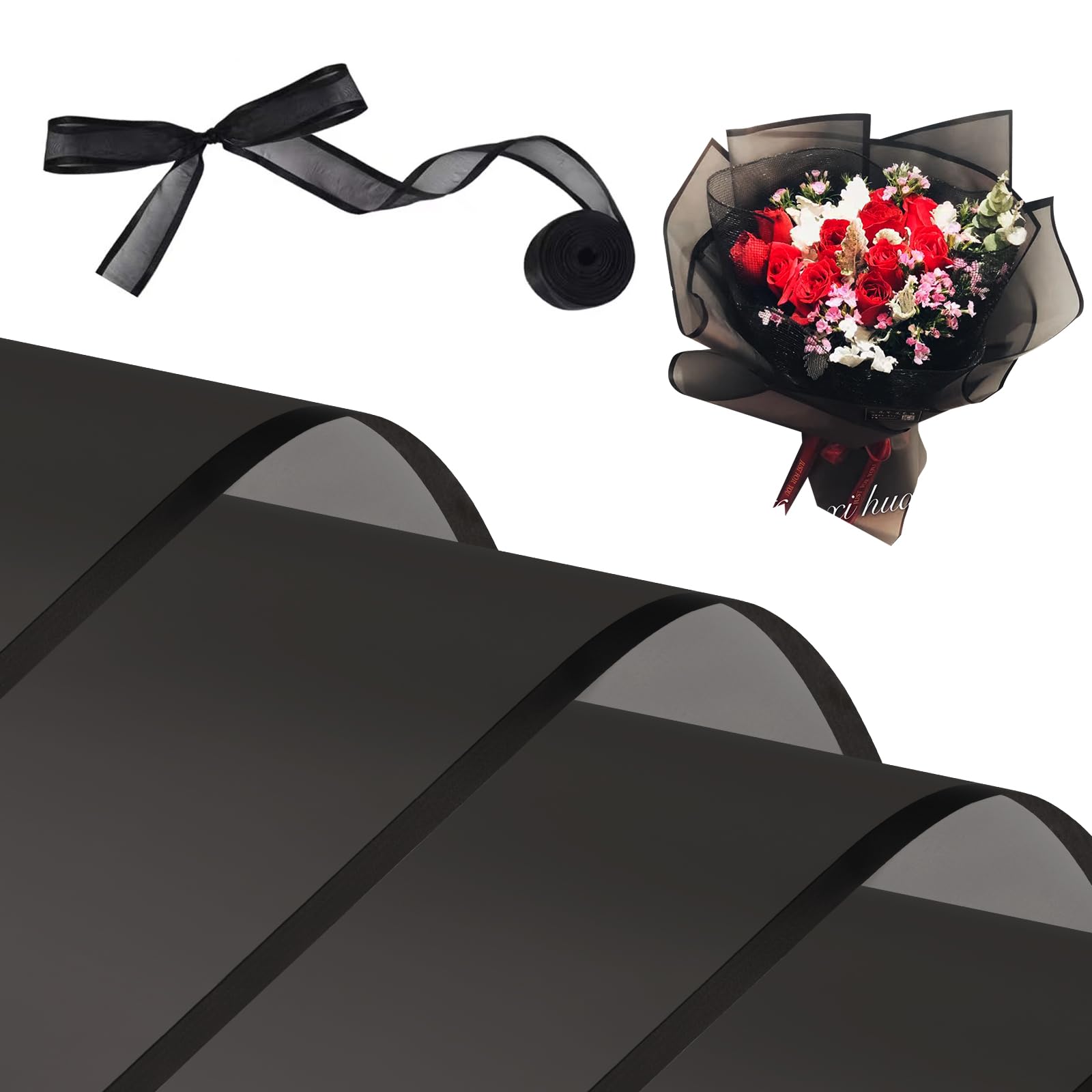 Kosotody 20 Sheets Frosted Flower Wrapping Paper Black Line Waterproof Florist Bouquet with Ribbon for Bouquets DIY Crafts Packaging Bouquet, 22.8x22.8 inch (Black), KOS039-FROSTWRAPSWHITE
