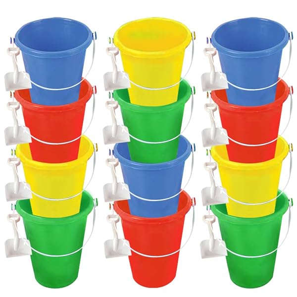 ARTCREATIVITY 6 INCH MINI PLASTIC BEACH BUCKET AND SHOVEL SET – PACK OF 12 – ASSORTED COLORS BUCKETS AND WHITE SHOVELS – SUMMER BEACH TOYS – PRACTICAL GIFT, PARTY FAVOR AND PRIZE