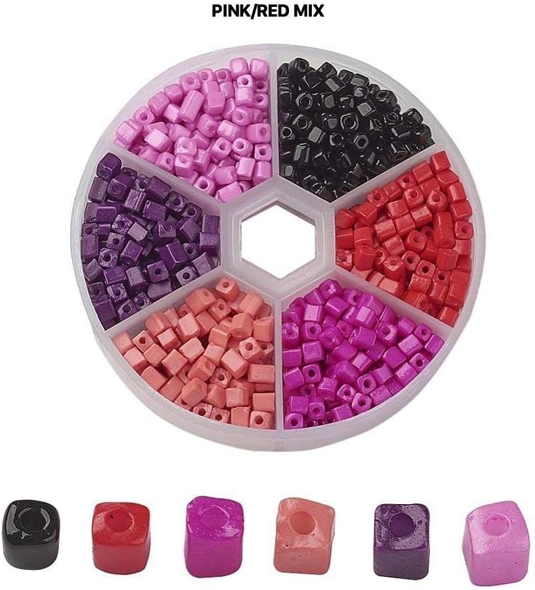 AMZ Beads - 1,000+ Mixed 6/0 (3-7mm) Assorted Square Cube Loose Spacer Seed Beads for Jewelry Making Craft DIY Projects Necklaces Bracelets - Includes Storage Container Case! (Pinks/Reds)