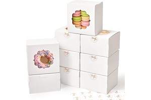 Shallive 4-Inch Small Cookie Boxes 25 Pcs White - Bakery Treat Boxes with Window for Gifting, To-go Containers for Cake Slice, Macarons, Donuts 4x4x2.5