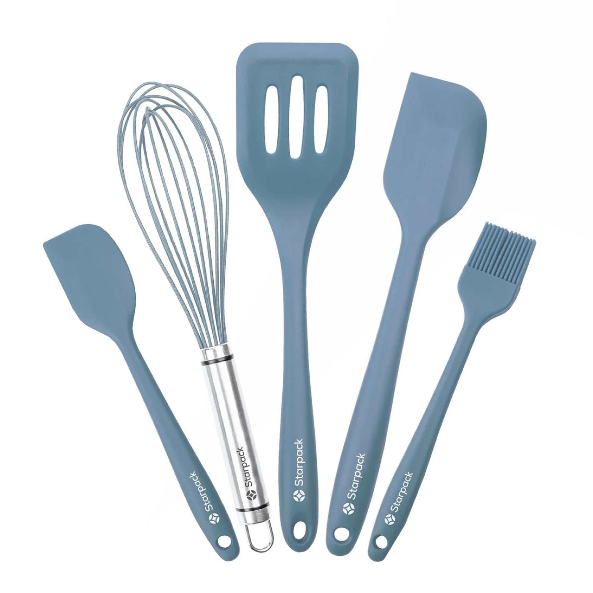 StarPack Premium Silicone Kitchen Utensils Set (5 Piece) - High Heat Resistant to 600°F, Hygienic One Piece Design Large and Small Spatulas, Whisk & Basting Brush (Teal Blue)