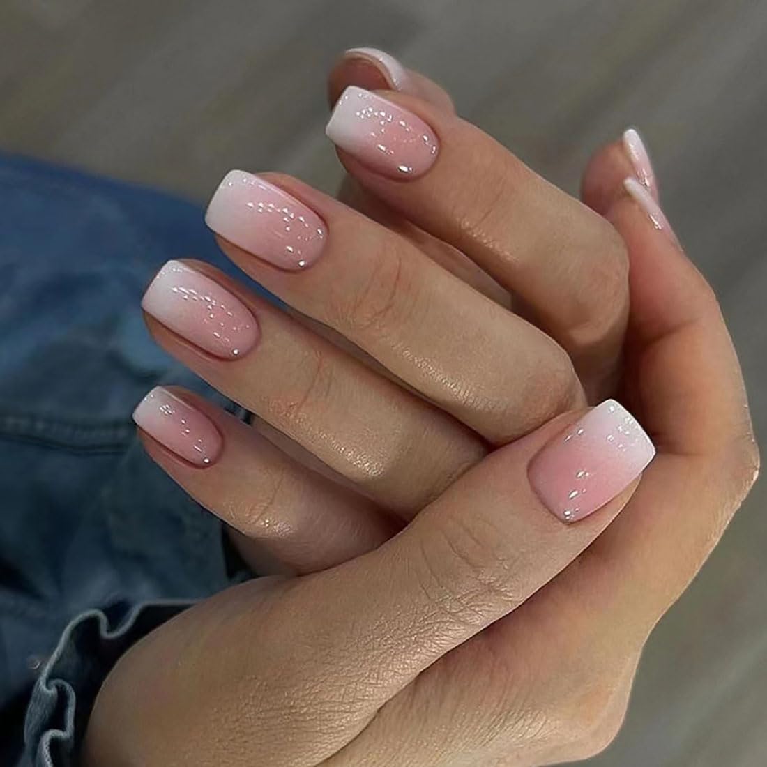 Cubahop 24pcs French Short Square Pink Fake Nails Gradient Nude False Nails Rhinestone Press on Nails for Women and Girls