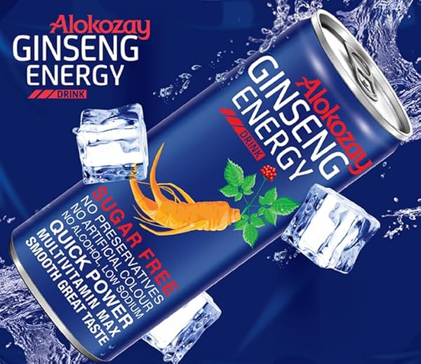 ALOKOZAY GINSENG ENERGY DRINK 24 CANS – NATURAL ENERGY & FOCUS ALL DAY LONG – SUGAR-FREE, VITAMIN-PACKED DRINK – 250ML EACH