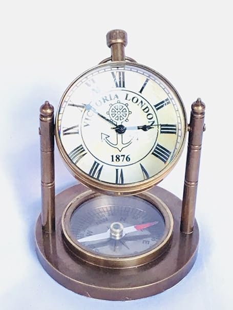 Meenakshi Handicraft Emporium Victoria London (1876) Vintage Brass Table Clock with Compass