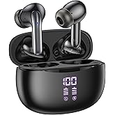 Wireless Bluetooth Headphones, 40H Playback Bluetooth Earbuds with LED Power Display Charging Case, IPX5 Waterproof Wireless Headphones for Phone Gaming TV Sports (Dual Mic-Black-Upgrade)