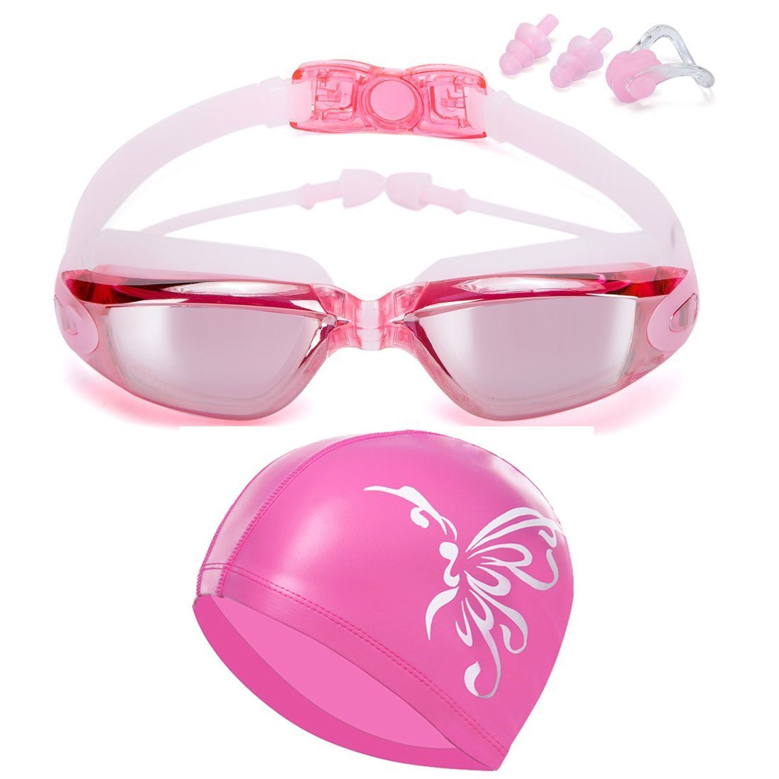 Adjustable Swimming Goggles & Cap Set, No Leak Anti-Fog UV Protection Triathlon with Nose Clip Ear Plugs Case for Adult Men Women Youth (Pink)