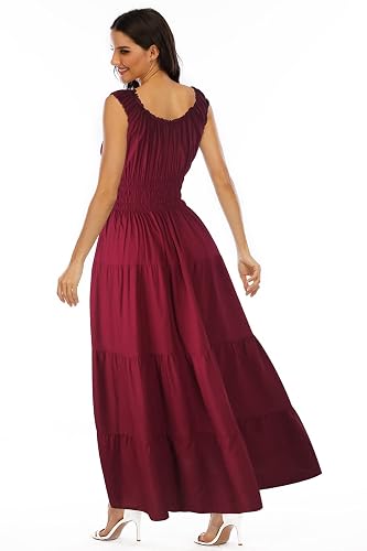 OSTOO Women's Sleeveless Boho Floral Maxi Dress - Tiered, Flowery Long Dress For Summer, Red, XL