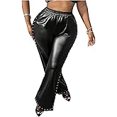 Milumia Women's Faux PU Leather Pants Elastic High Waist Rivets Slit Hem Trousers with Pockets
