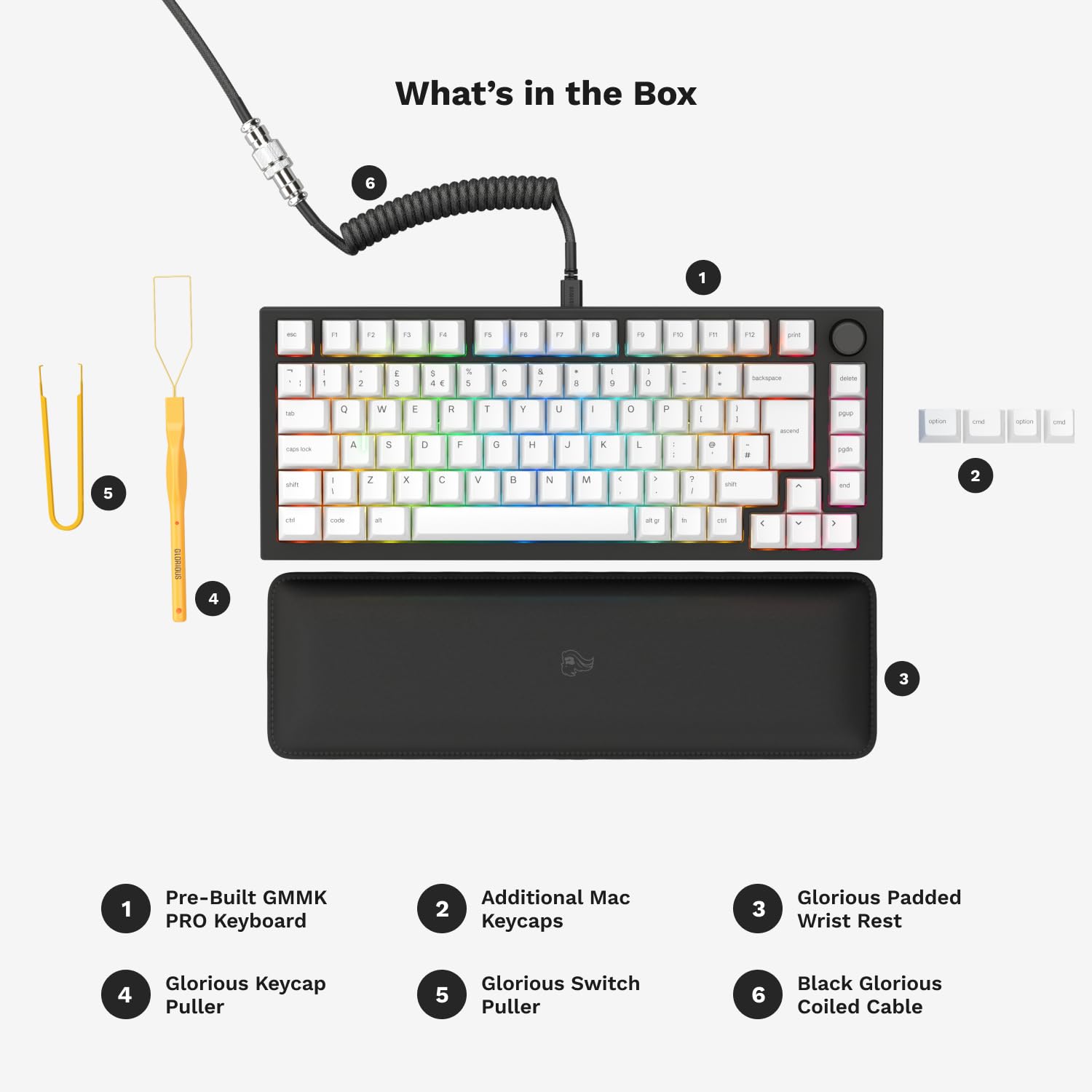 Glorious Gaming GMMK PRO 75% - Modular Mechanical Gaming Keyboard, TKL Size, 1.5kg Frame, Glorious Fox Switches, Fully Customizable, Coiled Cable, Wrist Rest, White PBT Keycaps, RGB, QWERTY - Black