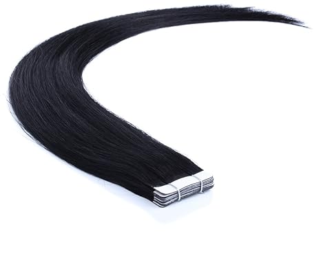 Remy Echthaar Tape On/In Extensions Haarverlängerung 10 Tressen mit dem extra starken WEISSEN TAPE (50cm, 01 - Schwarz)