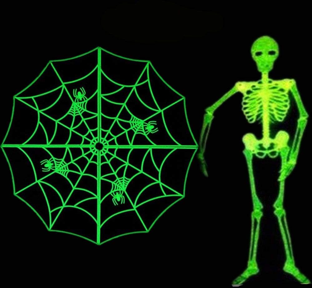 Halloween Decorations 2 Pack 1pcs 23” Spider Web+1PCS 3ft Skeleton Luminous Glow-in-The-Dark for Halloween Party Bar Wall Sticker Haunted House Bar Outdoor Yard Garden Hanging Decorations Props