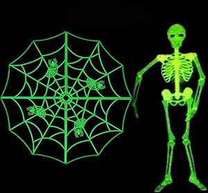 Halloween Decorations 2 Pack 1pcs 23” Spider Web+1PCS 3ft Skeleton Luminous Glow-in-The-Dark for Halloween Party Bar Wall Sticker Haunted House Bar Outdoor Yard Garden Hanging Decorations Props