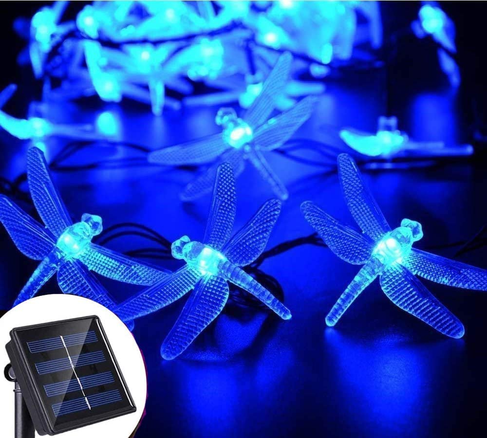 EONANT Dragonfly lights, 20FT/6M 30 LED Solar String Lights with 2 Modes Lights Waterproof for Outdoor, Garden, Christmas Decorations (Blue)