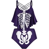 Rosegal Womens Plus Size Skeleton Print Flounce Crisscross Strappy Tankini Swimwear Set