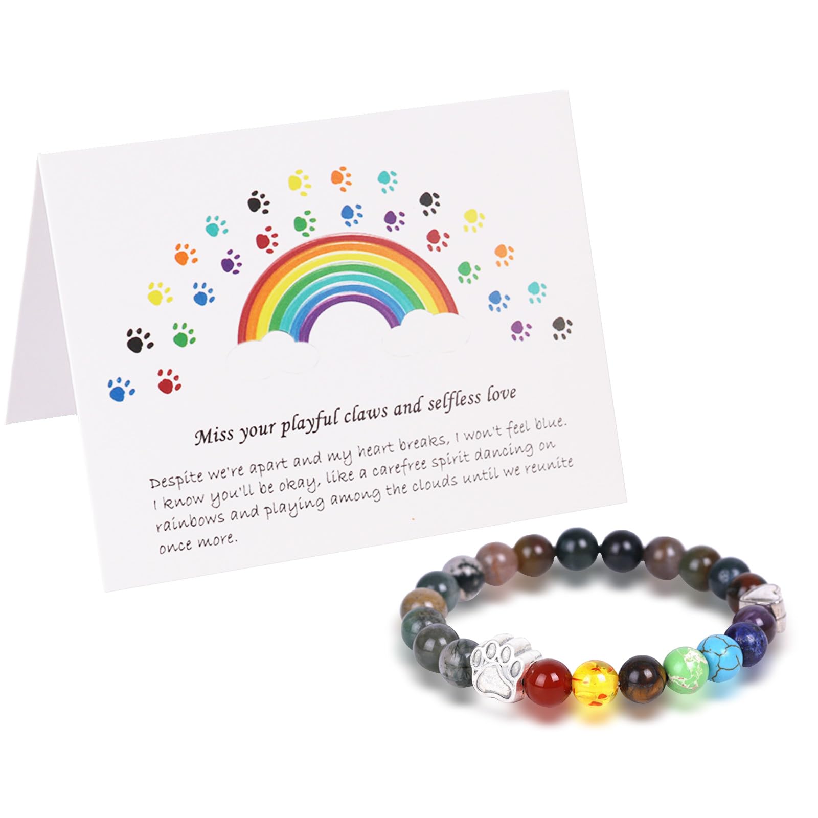 YTOOK Pet Cat Dog Memorial Gifts, Pet Sympathy Gifts, 7 Chakra 8MM Black Rainbow Bridge Pet Memorial Bracelet for Women Men Who Loss of Pets, Dog Loss Gifts