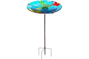 MEETJOYANCY Bird Bath, Glass Bird Bath for Outside, Birdbaths for Outdoors Bird Feeders with Metal Stake, Hummingbird Bird Baths Outdoor Décorations, Standing Small Birdbath Bowl for Outside-Hummingbird Blue
