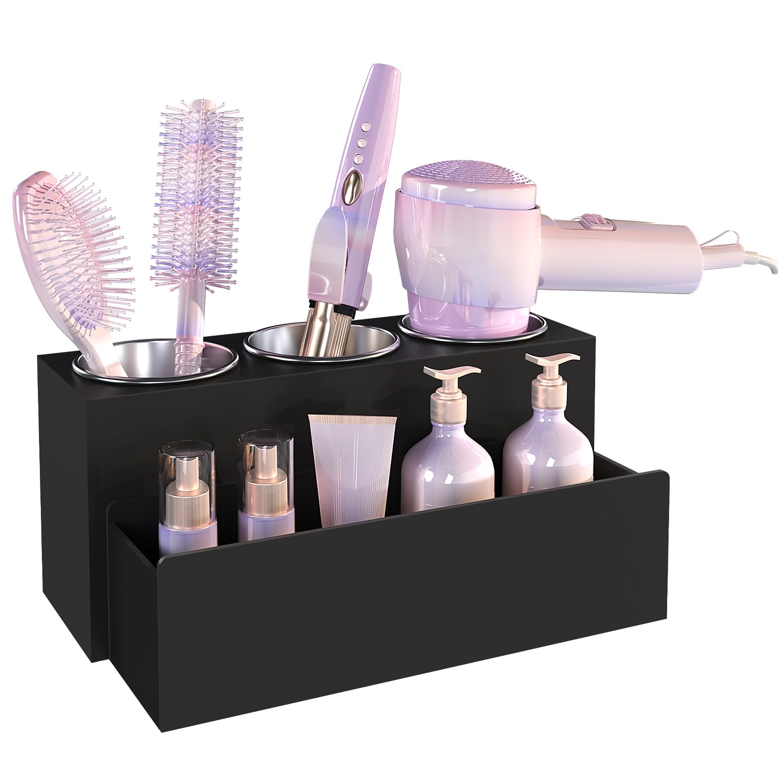 Photo 1 of PITBVO Hair Tool Organizer, Detachable Acrylic Hair Dryer Holder for Bathroom, Hair Styling Accessories Curling Iron Hot Tools Organizer with 3 Cups, Countertop Vanity Storage (Matte Black)