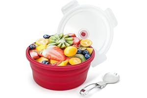 Lunbengo 1200ml Large Camping Bowl with Foldable Spoon, Collapsible Bowl With Lid, Silicone Bento Box Container, For Travel C