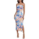 Milumia Women's 2026 Summer Floral Strapeless Tube Top Dresses Side Slit Wedding Guest Bodycon Maxi Dress