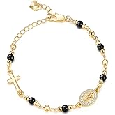 Women's Gold Virgin Mary Bracelet - 14K Gold Plated Religious Cross Bracelet,Dainty Golden Non Tarnish Virgen De Guadalupe Natural Stone Beaded Jewelry,Catholic Faith Baptism Confirmation Gift for Her