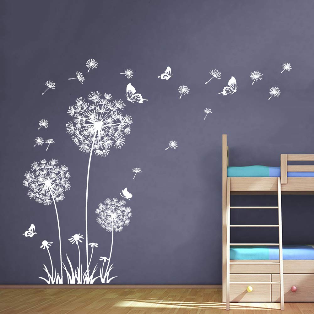 Runtoo Giant Dandelion Wall Decals Flying Flowers Butterflies Wall Stickers Plants Wall Art Living Room Bedroom Decor [White]
