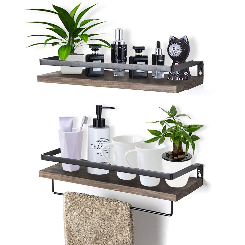 Anicoll Wall Shelf Floating Wooden Wall Mounted Floating Shelves with Towel Holder Rustic Storage Shelves Ideal for Living Room Bedroom Hallway Bathroom 2 Pieces (Dark Brown 02)