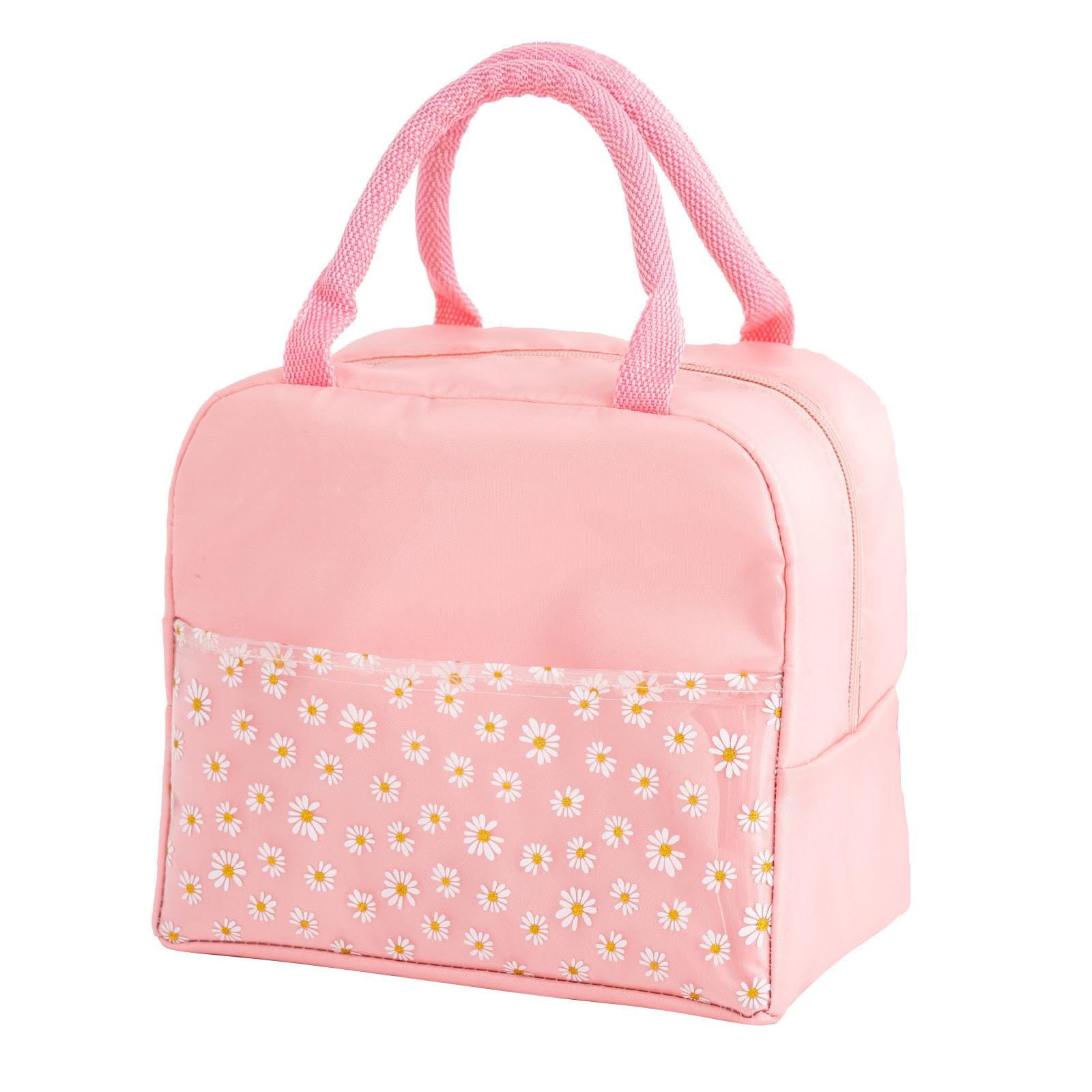 OTKARXUS Insulated Lunch Bag for Women,Portable Waterproof Lunch Box Cooler Bag with Daisy Pattern Transparent Pocket,Lunch Bag for Adults Girls Kids School Work Picnic Travel (A Pink)