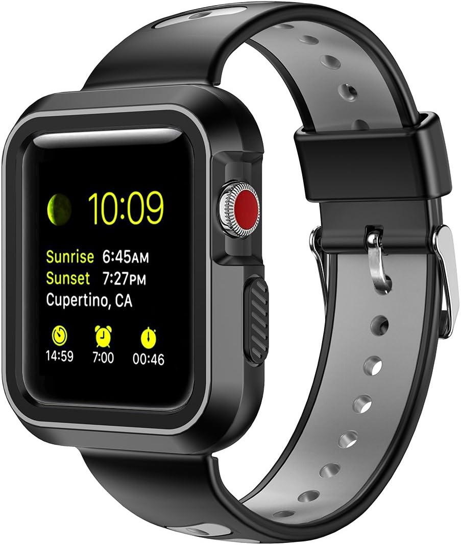Watch Strap and Case 42mm, Spessn Soft Silicone iWatch Strap Waterproof Sport Replacement Wristband and Protective Case Compatible with Watch 42mm Series 1 2 3 (Black + Grey)