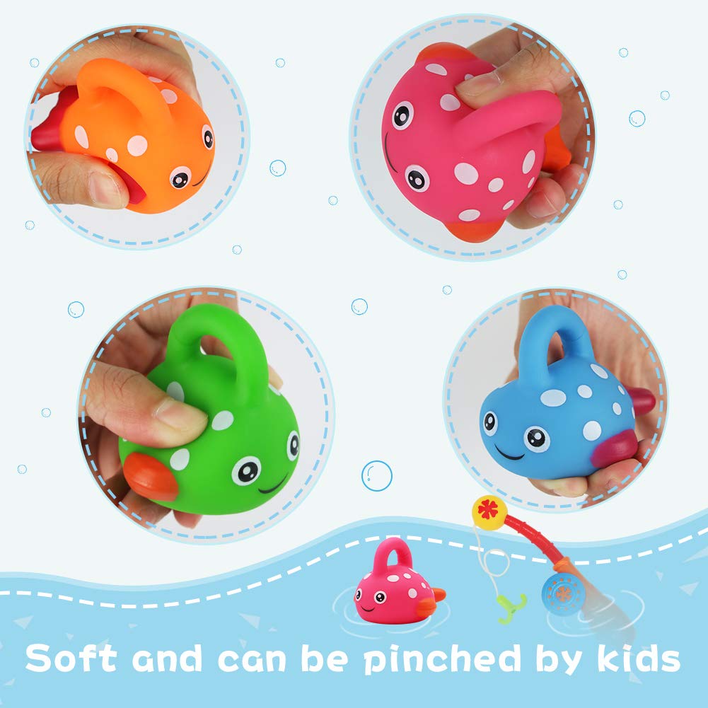 Nuheby Baby Bath Squeeze Toys Floating Fish Kids Fishing Pole Toddler Toys Baby Pool Float Bathtub Toy with 5 Cute Fishes for 18 Month Old
