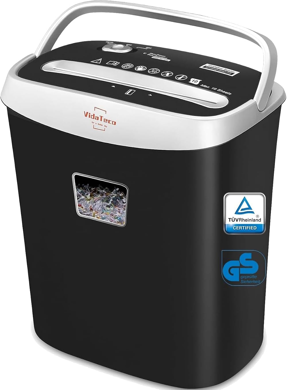 VidaTeco 10-Sheet Cross-Cut Shredder 4x36mm 5L Bin 40min Cool Jam-Proof