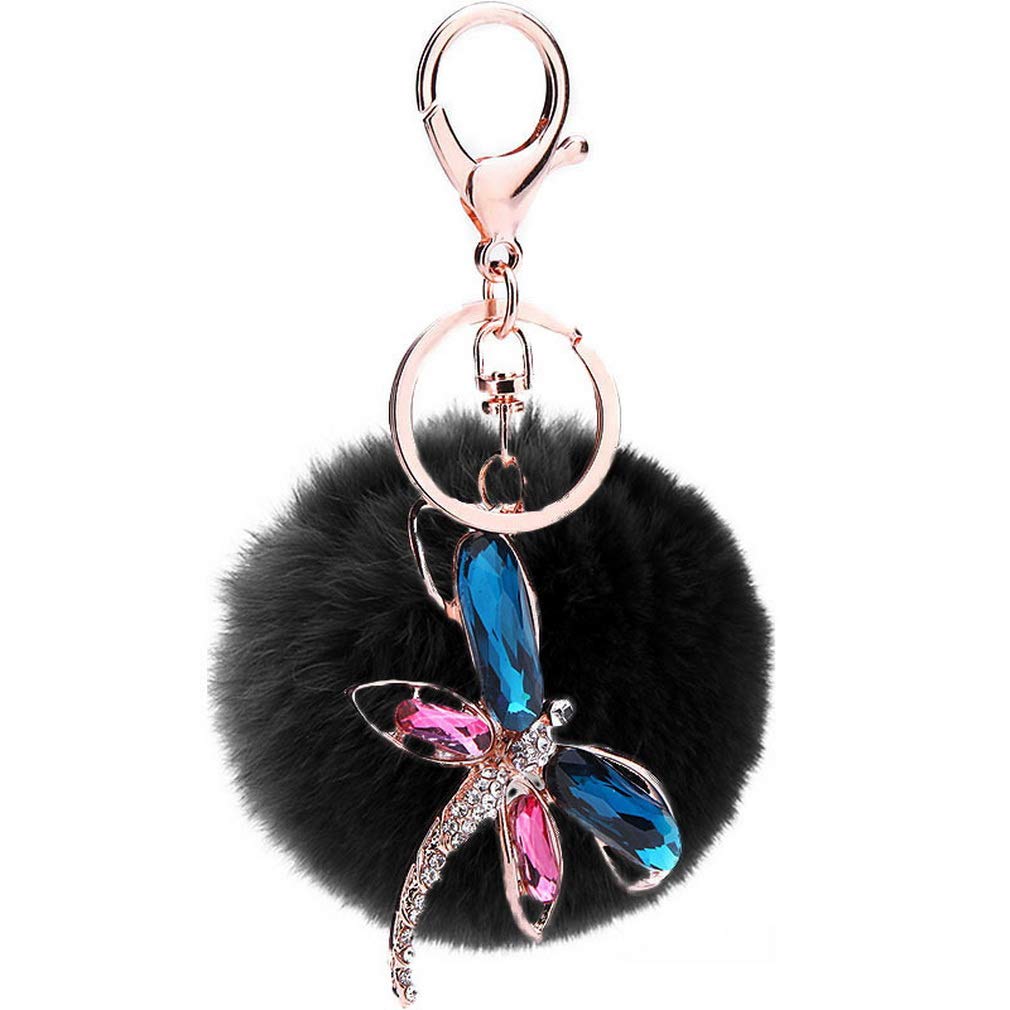 JK Home Dragonfly Pendant Ball Pom Pom Keychain for Car Phone Bag Toy Black