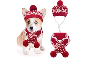 Mihachi Dog Costumes Hat Scarf Set Knit Snowflake Reindeer Print 2 Pcs Winter Warm Clothes for Small Dogs Cats Red White