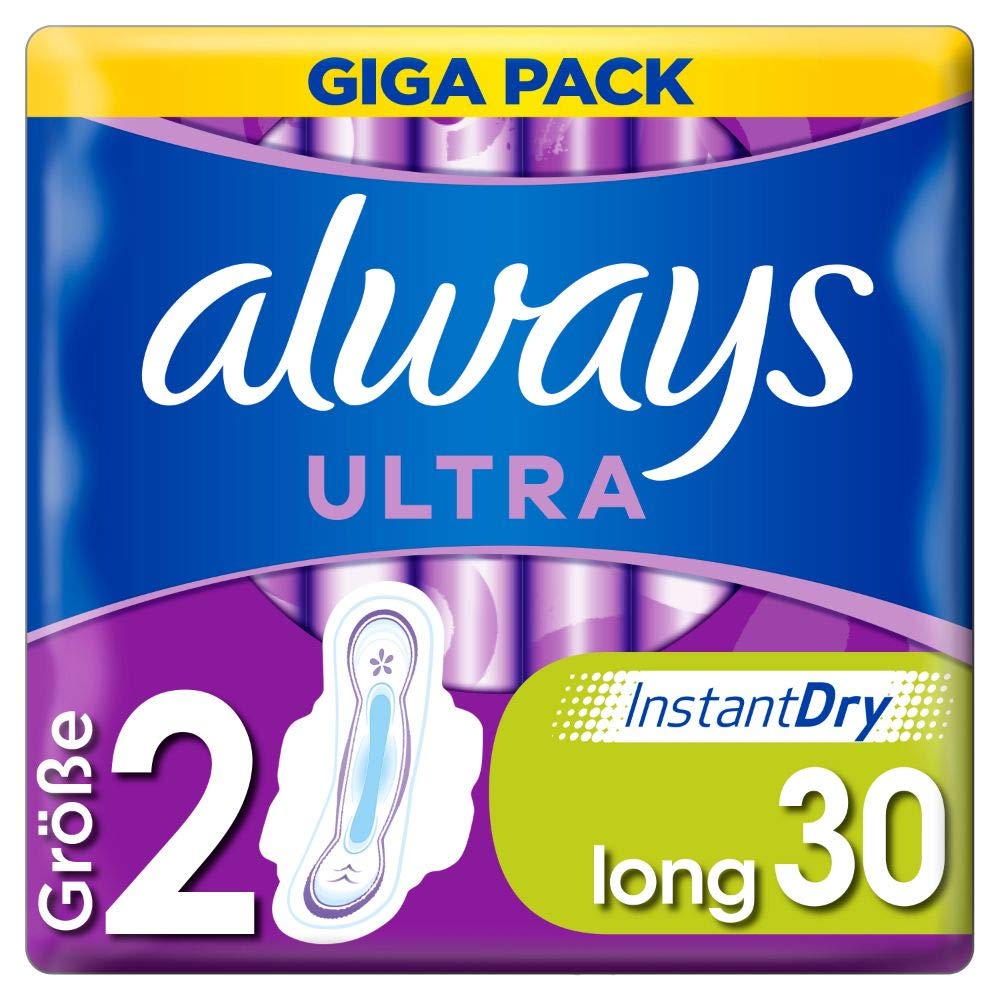 Always Ultra Women's Sanitary Pads Size 2 (30 Sanitary Towels with Wings) Giga Pack, Ultra Thin and Super Absorbent, Odour-Neutralising and Leak Protection