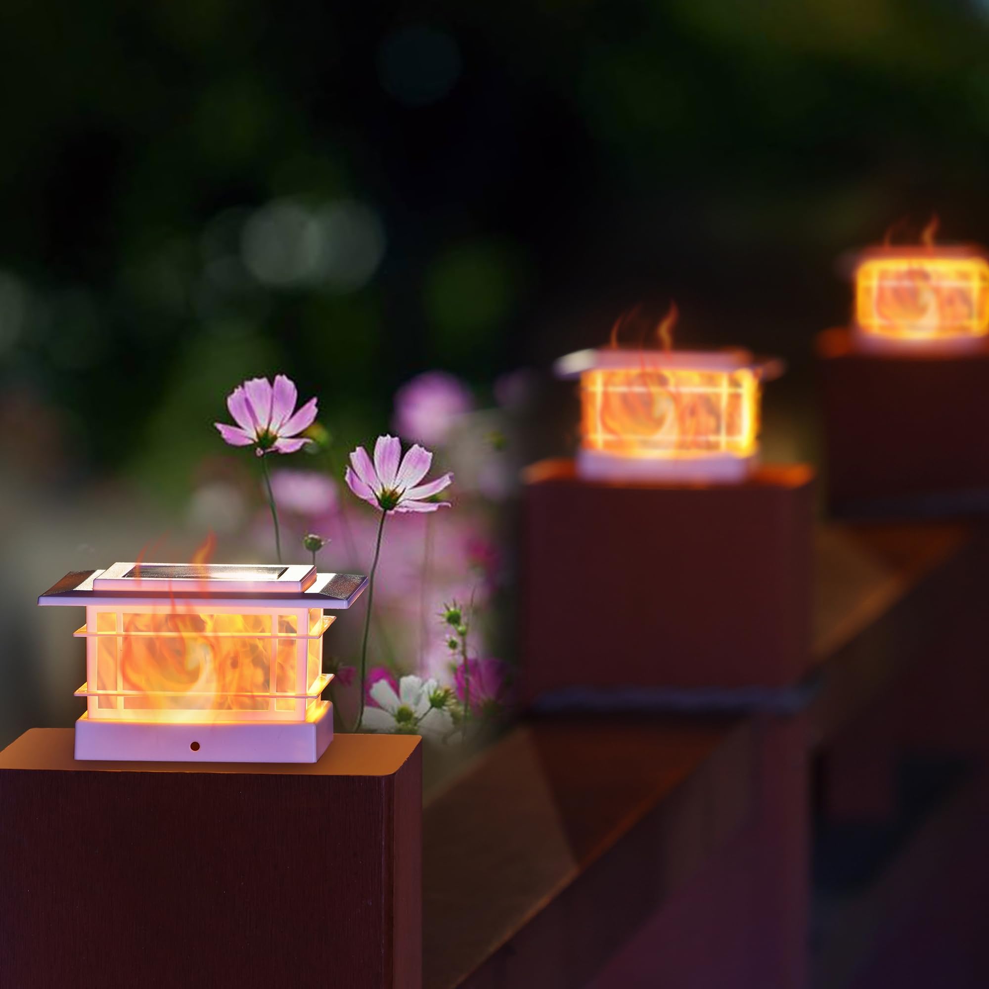Dynaming 8 Pack Solar Post Cap Lights Outdoor with Flickering Flame Light, White Shell Fence Post Solar Lights Fit 4x4 5x5 6x6 Vinyl/Wooden Posts, Brightness LED Lighting Decor for Garden Deck Patio