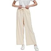 Tronjori Women Linen Blend Palazzo Pants Summer Boho Wide Leg High Waist Casual Lounge Pant with Drawstring