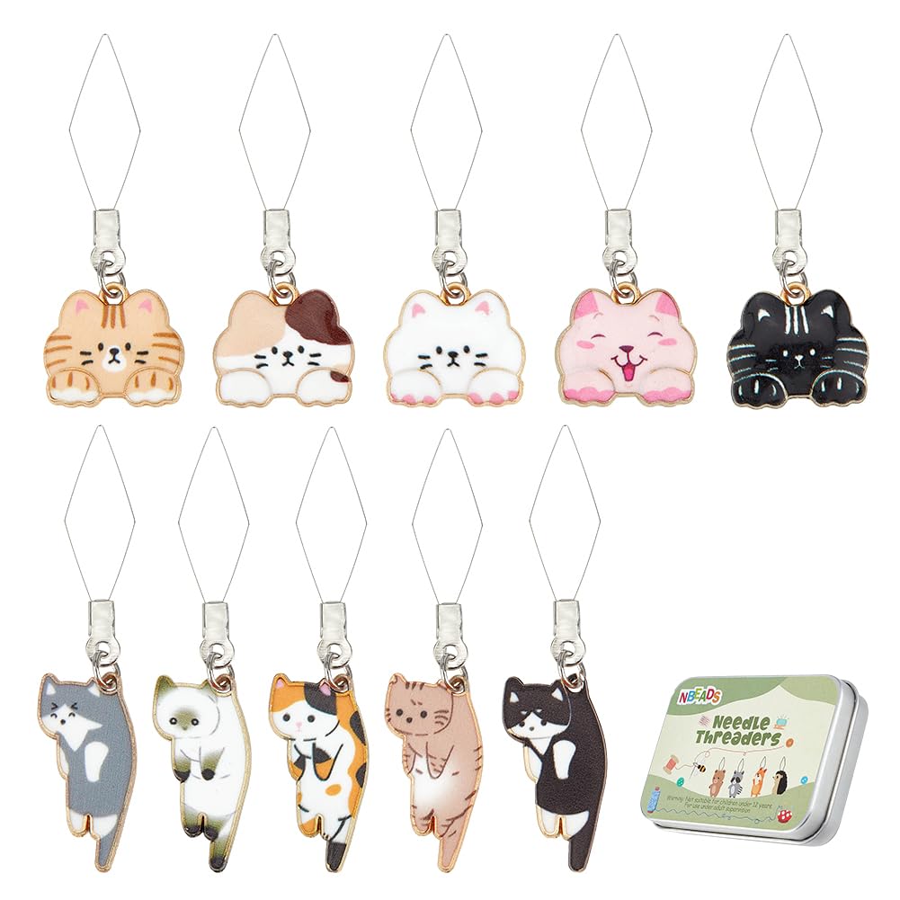 NBEADS 20 Pcs Cat Needles Threader, 304 Stainless Steel Wire Loop DIY Needle Threader Hand Machine Sewing Tool Sewing Thread DIY Tools with Alloy Enamel Pendants and Box for Sewing Crafting