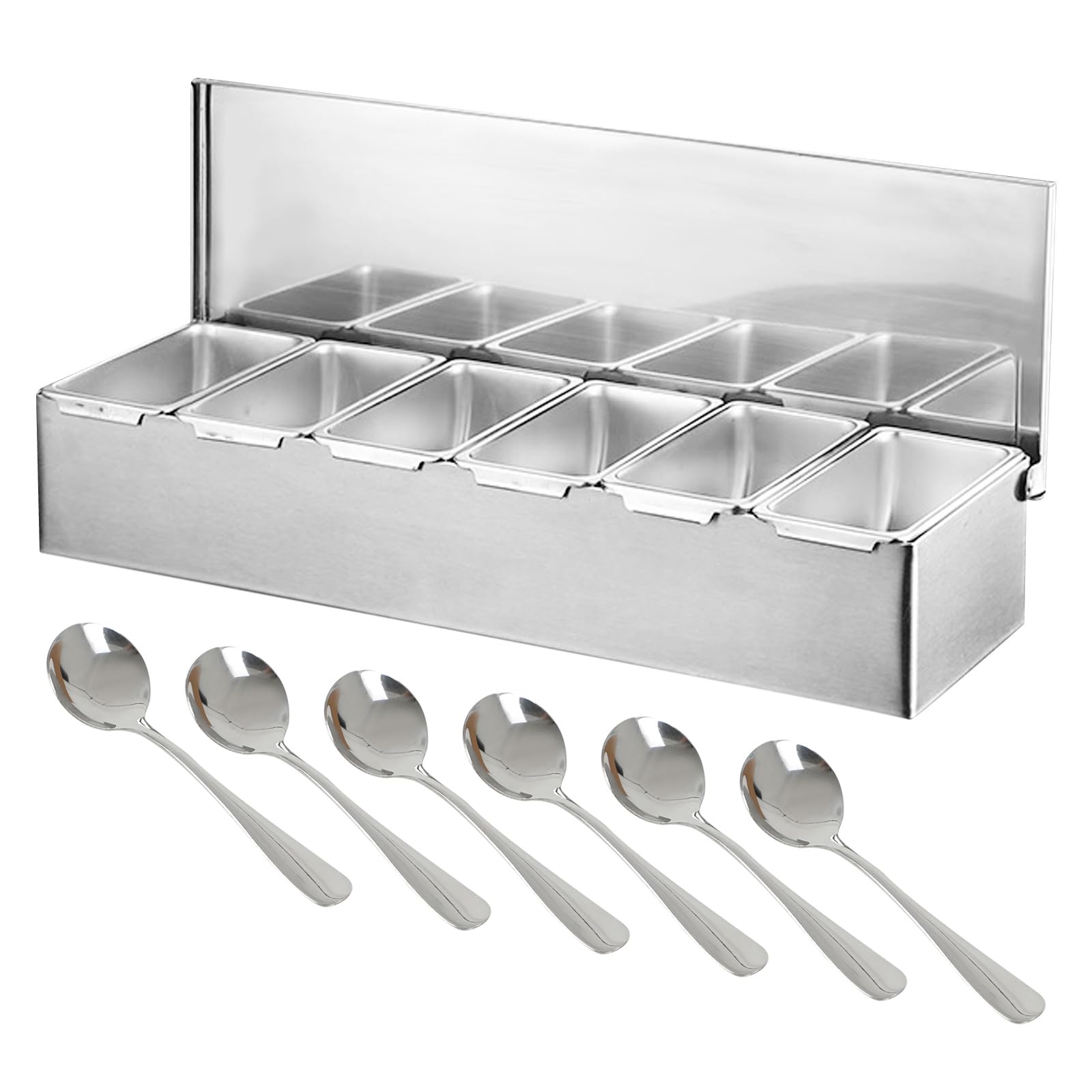 Kuabiz Stainless Steel Condiment Containers with Lid,Seasoning Spice Box,Detachable Ingredients Trays Containers,Compartment Reusable Serving Container&Salad Pizza Topping Station