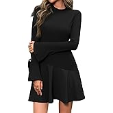 Wenrine Womens Long Bell Sleeve Mini Dress Casual Mock Neck Ruffle Hem Slim Fit Fall Knit Dresses