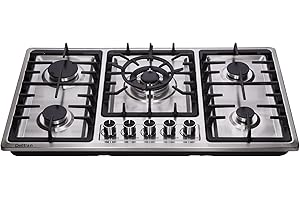 DELITIAN 34 Inch Gas Cooktop DT5809 Built-in Stainless Steel 5 Burners Gas Stovetop LPG/NG Convertible Dual Fuel Gas Hob