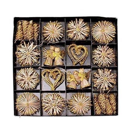 Strohsterne 62x handgefertigter Baumschmuck, Weihnachtsdeko in 8 verschiedenen Ausführungen Ø ca. 6 cm
