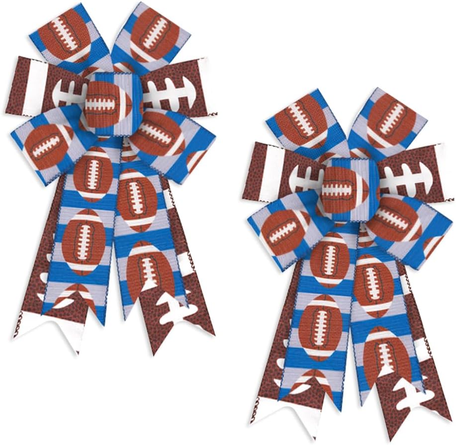 Bows & Ribbons - 2PCS Fall Wreath Bows Thanksgiving Fall Bows for Wreath Blue Gray Strips American Football Burlap Decor Bows Sports Fabric Ribbon Bows for Thanksgiving Party Indoor Outdoor Wreath Decoration Supplies