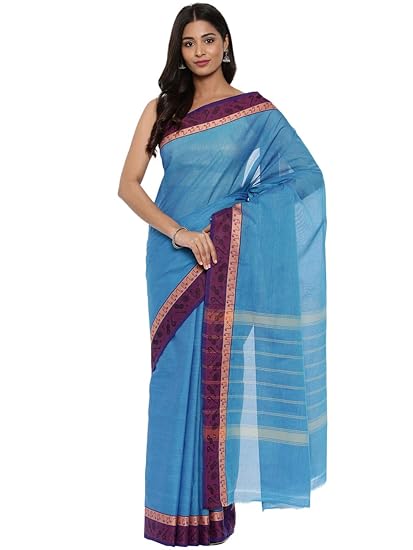 Womens Chettinad Pure Cotton Saree With Running Blouse Piece (CCOPSC9196_Blue)